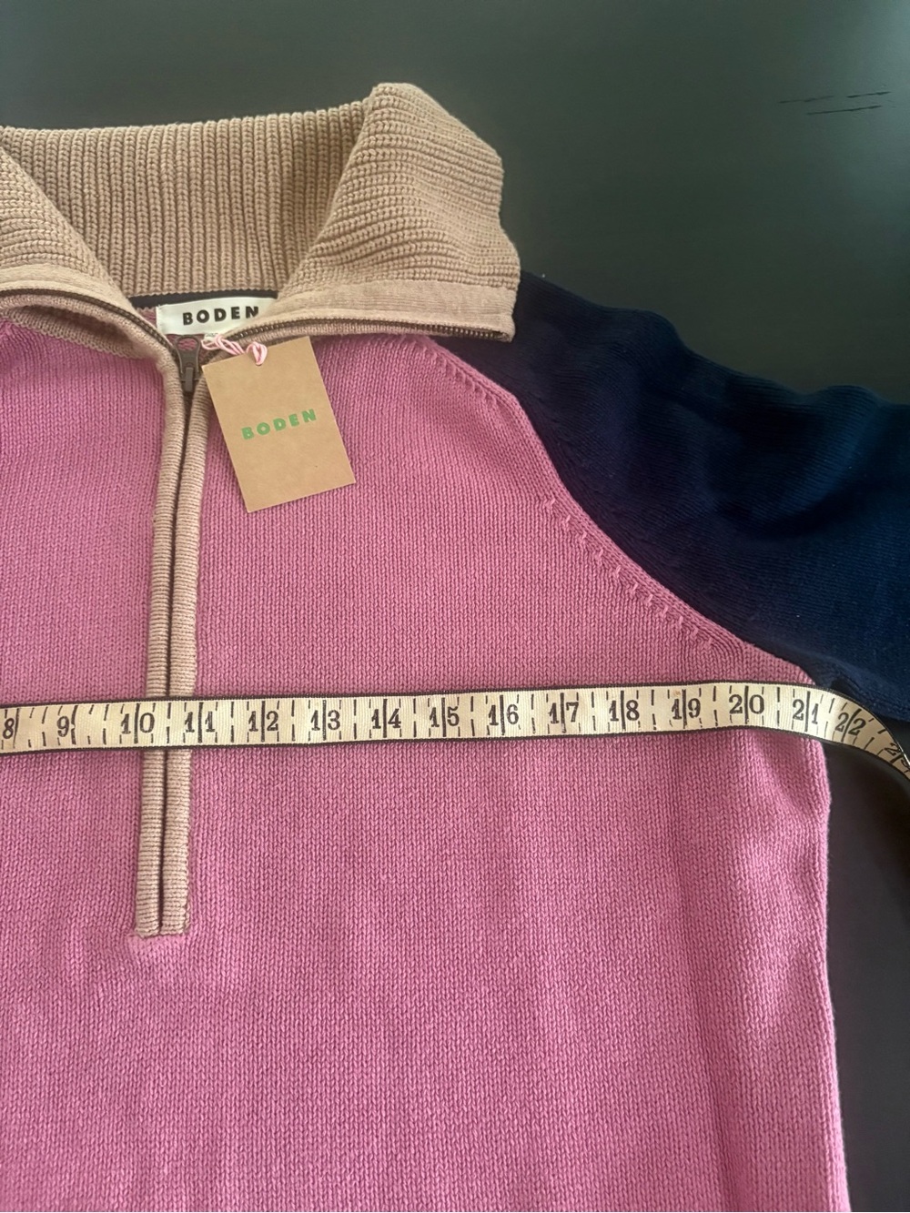 Boden sweater NWT M half zip sweater. Pink/navy/tan, cotton, Current! - Picture 3 of 12